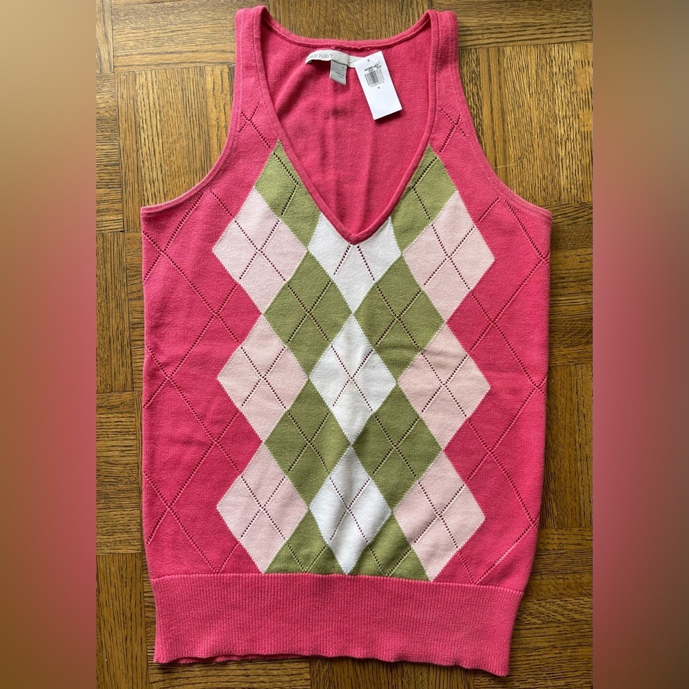 NWT Pink Green Argyle Cotton Sweater Vest - Picture 3 of 7
